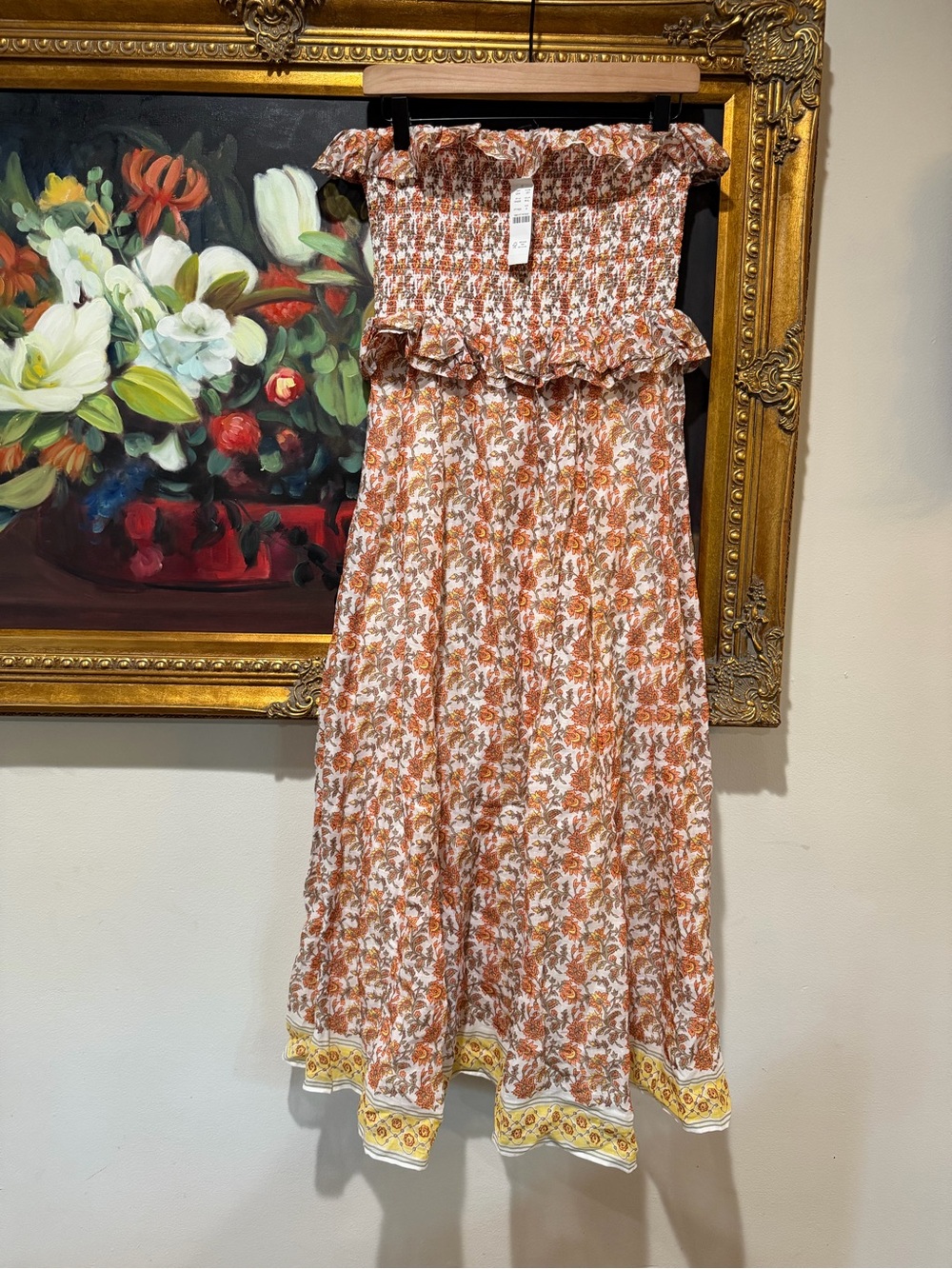 J. Crew Floral Smocked Maxi Dress in Rust, Yellow and Cream